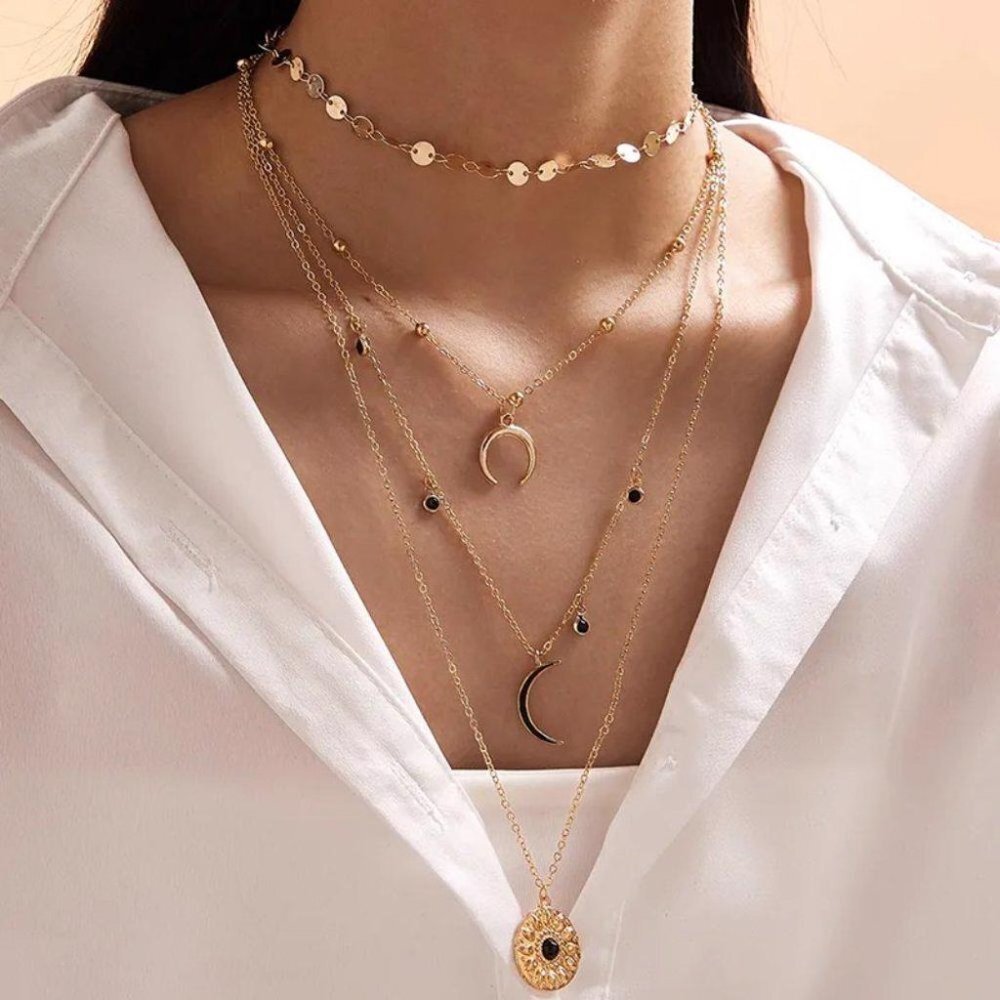 Boho Multi Layer Moon Pendant Gold Tone Necklace Festival Astrology Contemporary